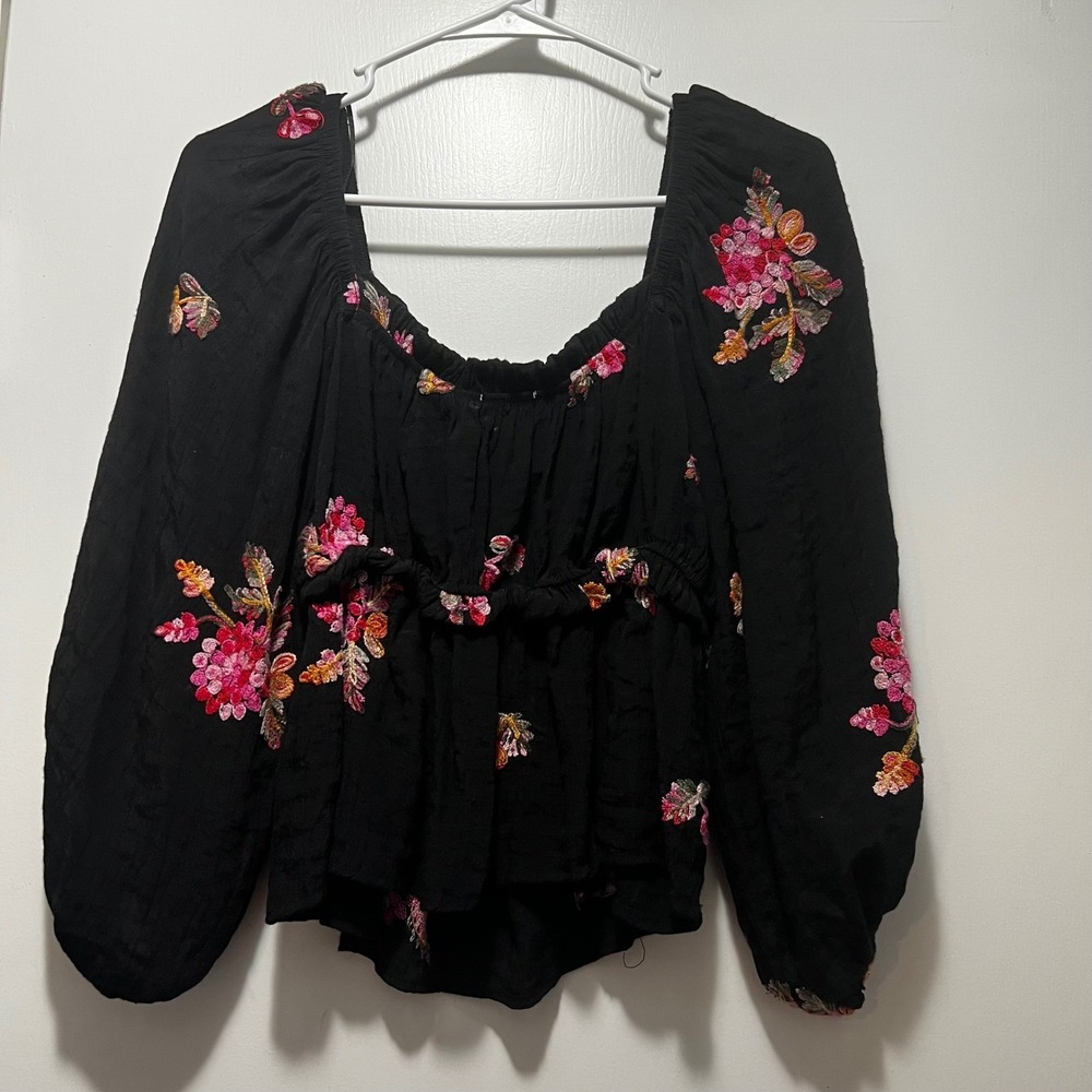 Wild Moss Black Floral Embroidered Peasant Top Long Balloon Sleeve Boho Blouse